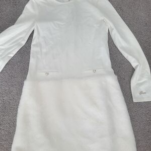Guess Girls White Faux Fur Trim Long Sleeve Dress